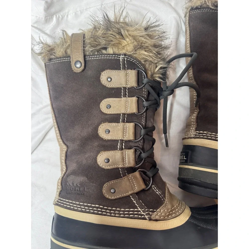 Sorel Joan of Arctic Brown Suede Waterproof Faux Fur Winter Snow Boots Womens.